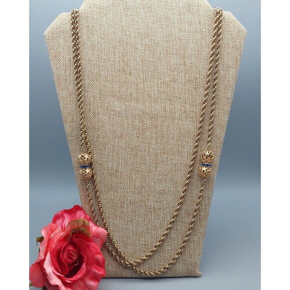 Long Gold Tone Pull Over Thick Twisted Chain Necklace Filigree Ball Blue Crystal - Picture 7 of 10